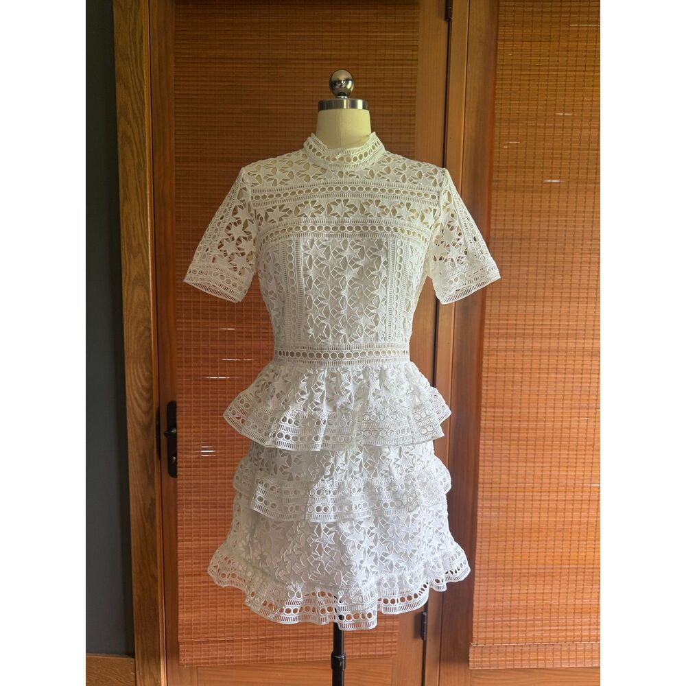 Self-Portrait White Star Guipure Lace Tiered Mini Dress Summer Size 6 - Picture 2 of 6